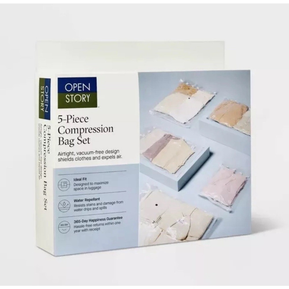 Open Story 5-Piece Compression‎ Bag Set Water Repellant Vacuum-Free, Clear NEW